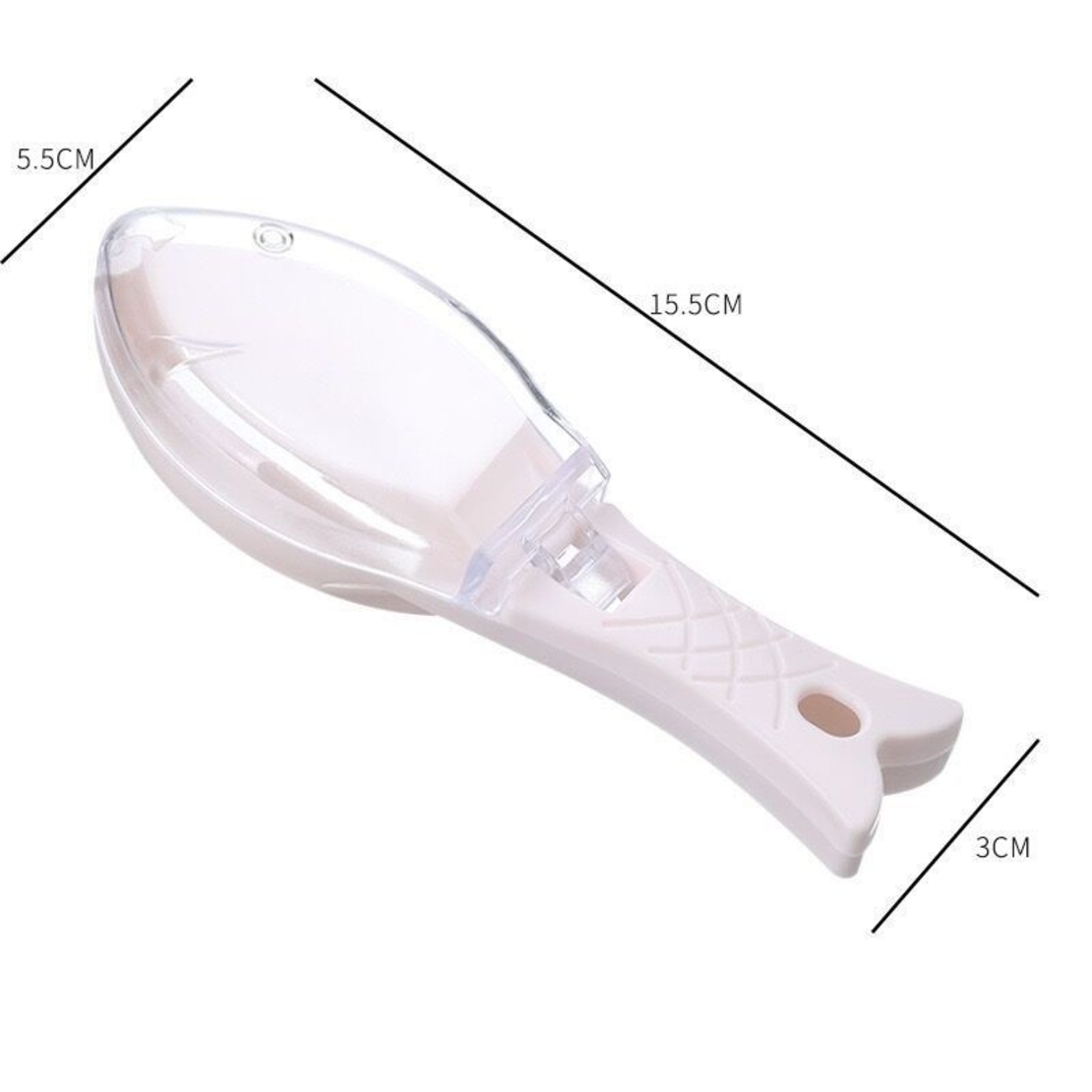Curatator de Solzi de Peste, Flippy, Manual, Forma Peste, cu Compartiment de Colectare, din Plastic, 15.5x5.5 cm, Alb