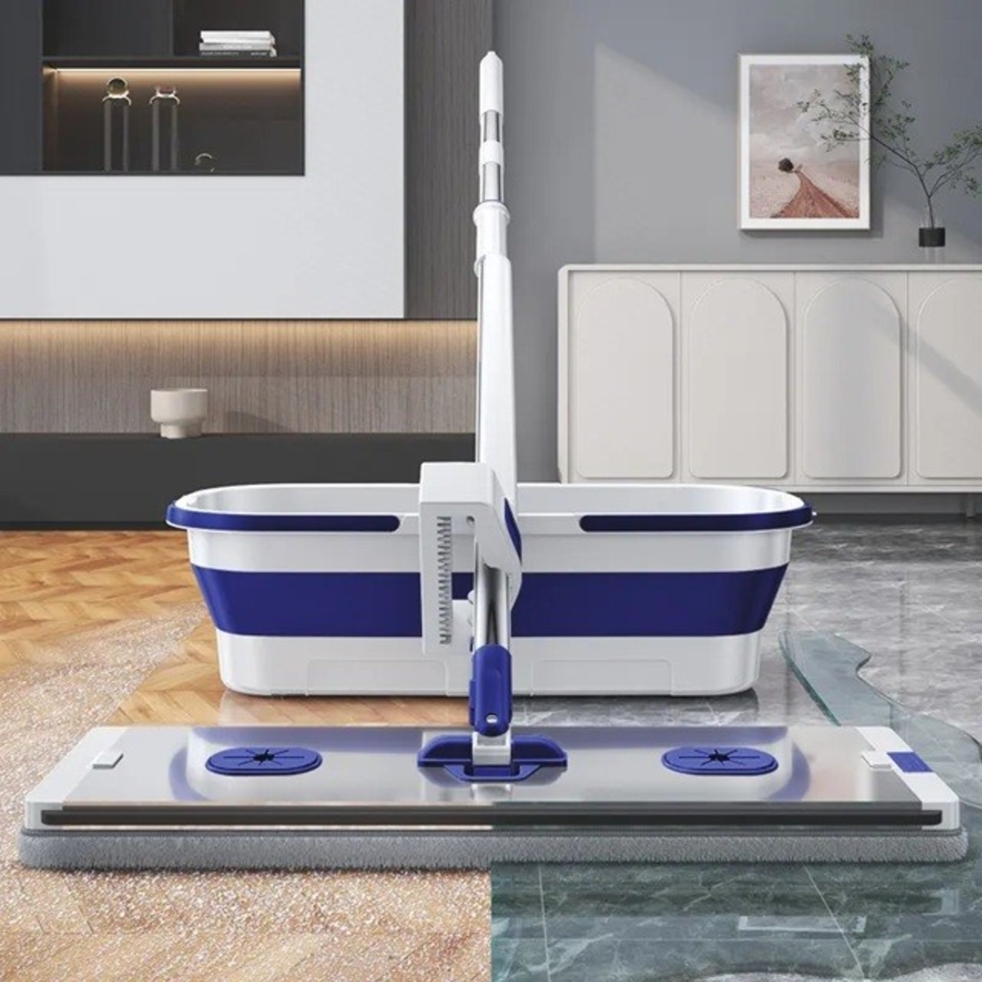 Mop Plat, Flippy, cu Galeata Pliabila, 2 Rezerve din Microfibra, 127 cm Tija Telescopica, Utilizare Umeda/Uscata, Recipient Lichid, Albastru