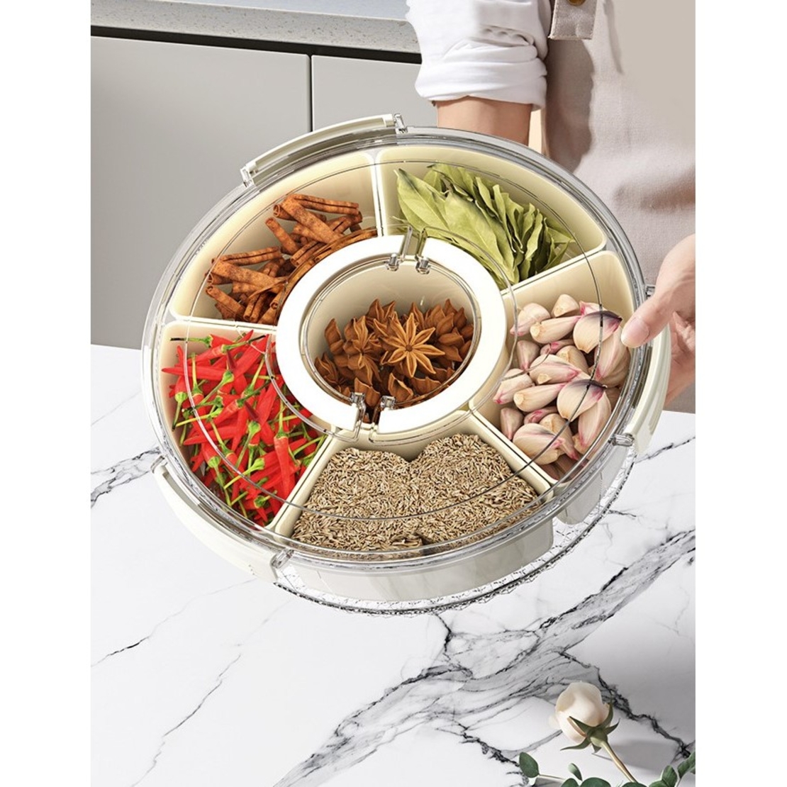 Cutie de Depozitare pentru Alimente, Flippy, cu 6 Compartimente, pentru Condimente, Fructe, Legume, cu Manere de Prindere, Rotativa 360 de Grade, Inchidere Ermetica, 32x8 cm, Alba