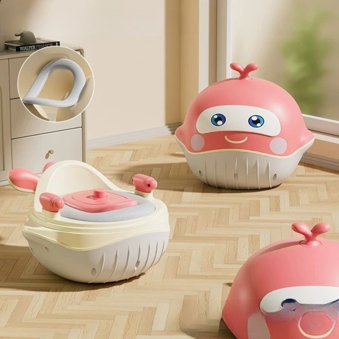 Olita 2in1, Flippy, Model Balena, cu Reductor WC, din Plastic, cu Muzica si Lumini, 36 x 41 x 20 cm, Roz