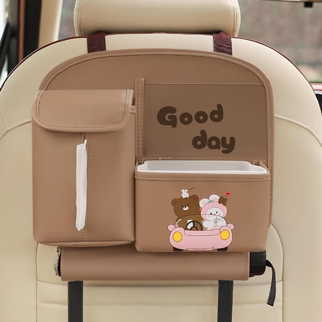 Geanta Multifunctionala de Depozitare, Flippy, pentru Bancheta din Spate a Masinii, Animat, Model Ursuleti, Scris Good Day, Suport Servetele si Telefon, 25x31 cm, Maro