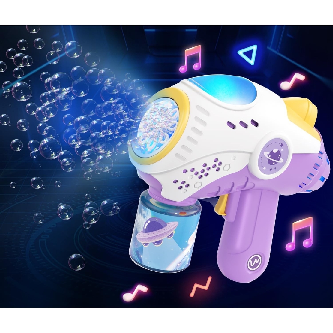 Jucarie Interactiva pentru Baloane de Sapun, Flippy, Sunete si Lumini, Model Pistol, cu 8 Orificii, 19 x 8.8 x 16.3 cm, Mov