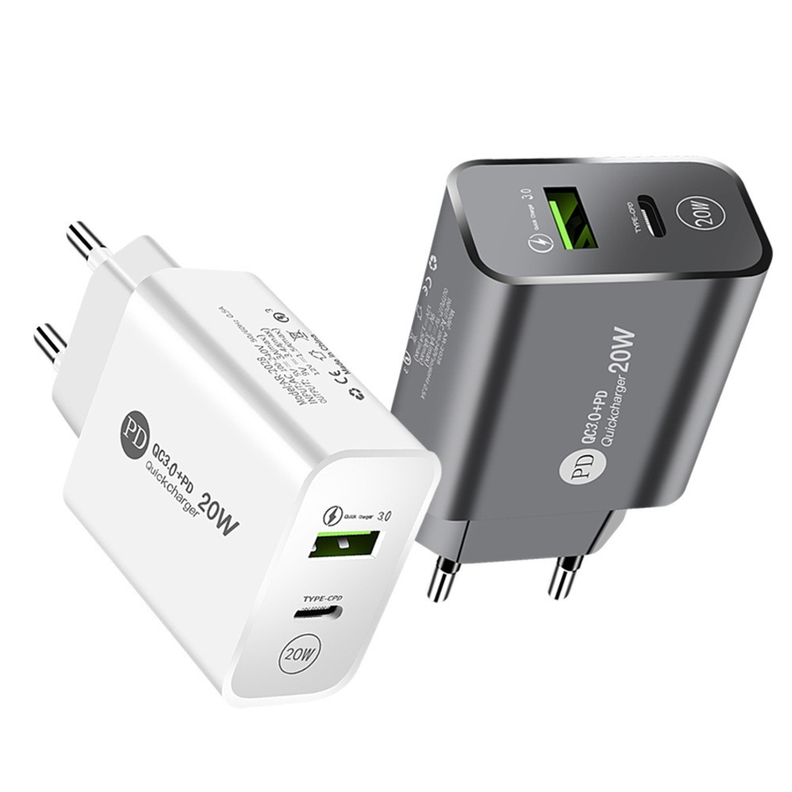 Incarcator Rapid PD QC3.0, Flippy, 2 Porturi, USB + Type C, 20W, Incarcare Rapida, Protectie Supraincalzire, 9.5 x 5.3 x 5.8 cm, Alb