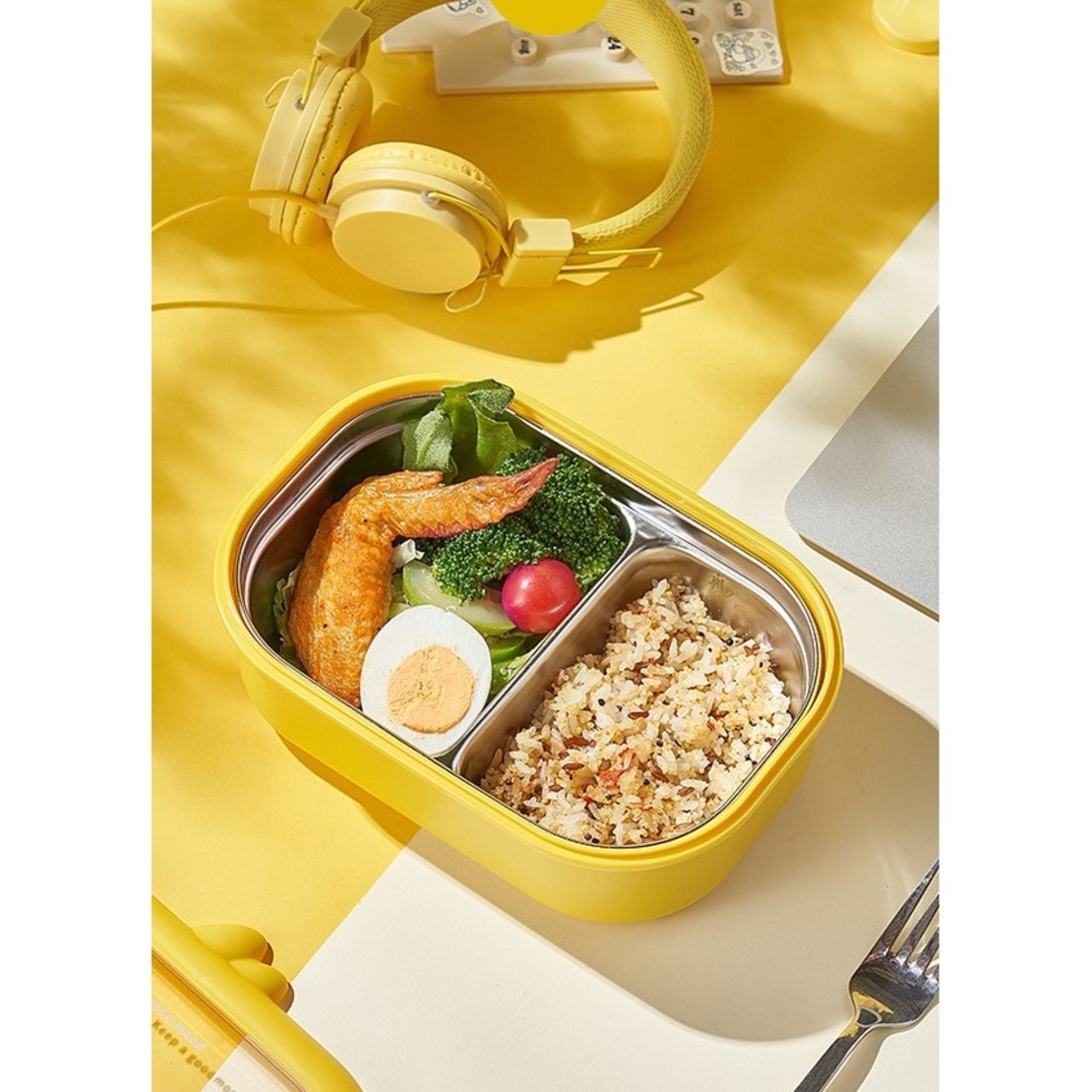 Cutie pentru Pranz sau Gustari, Flippy, cu Doua Compartimente, Model Ratusca, pentru Copii si Adulti, Etansare, PP, Perfect pentru Scoala si Birou, 1000 mL, 22.5x14.5x8 cm, Galben