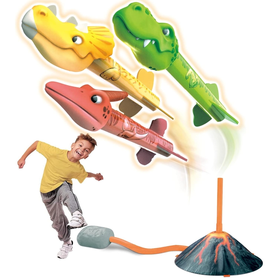 Jucarie pentru Copii, Flippy, Lansator de Rachete cu Piciorul, un Singur Lansator, 3 Rachete Donozauri cu Lumini, 30 cm Inaltime, Model Vulcan, Multicolor
