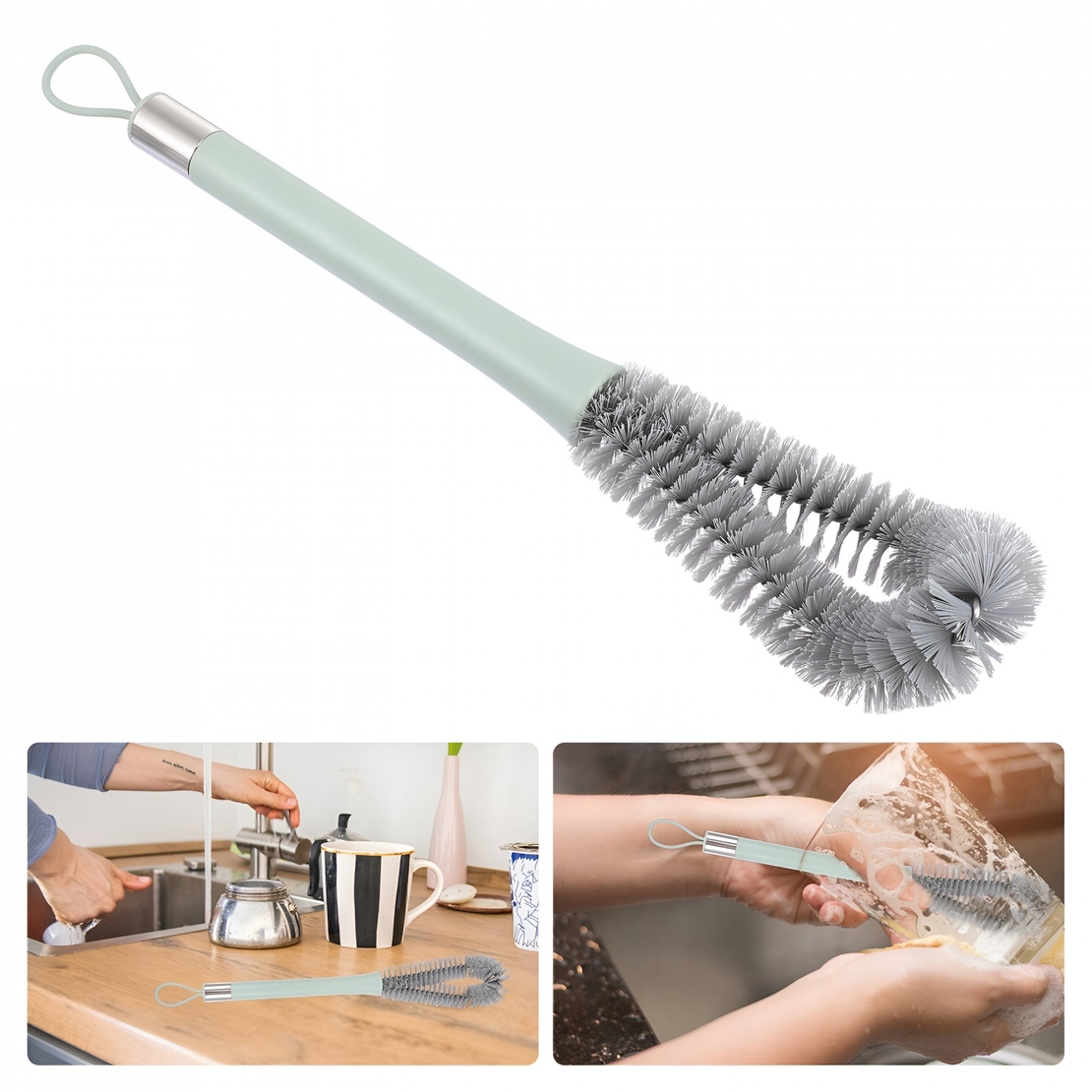 Perie de Curatat Pahare, Sticle, Biberoane, Flippy, cu Maner Lung, Uz Casnic, Silicon, Ergonomic, 3.9x5.4x38.5cm, Verde