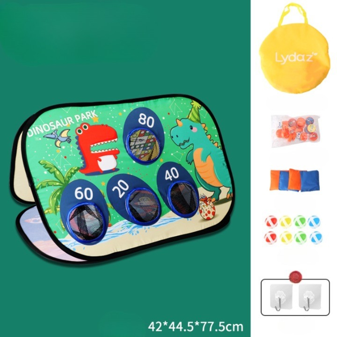 Joc pentru Copii, Flippy, Aruncarea Sacilor cu Nisip, Sageti, 8 Mingi, 4 Saci, Geanta Portabila, Interactiv, Model Dinozauri, 77.5x44.5x42 cm, Multicolor