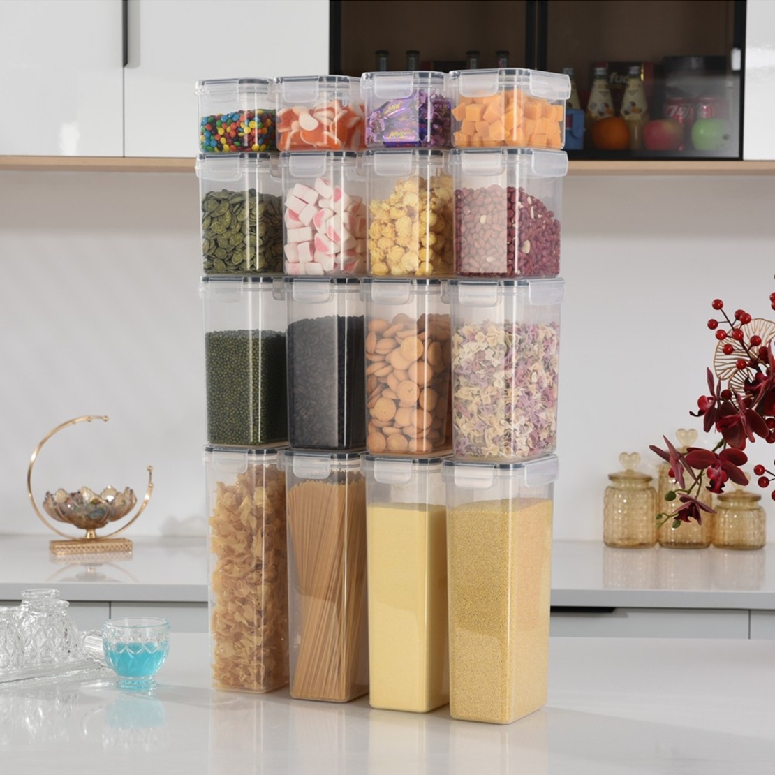 Cutii de depozitare alimente, Flippy, Set din 16 Cutii pentru Condimente, Cereale, Cutii pentru Bucatarie, din Plastic PP, Cutii Alimentare, Diferite Dimensiuni, Transparente