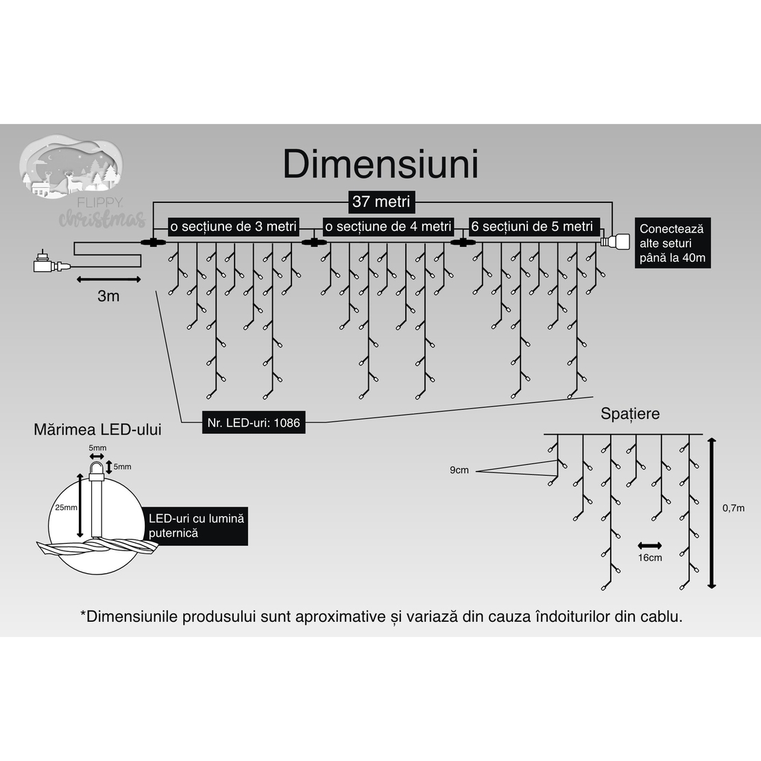Instalatie Craciun, 37 m, 1086 Led-uri ,Franjuri, Alb cald, 8 jocuri de lumini, Transformator cu telecomanda, Interconectabila, Prelungitor 3 m inclus, Fir Transparent, Flippy
