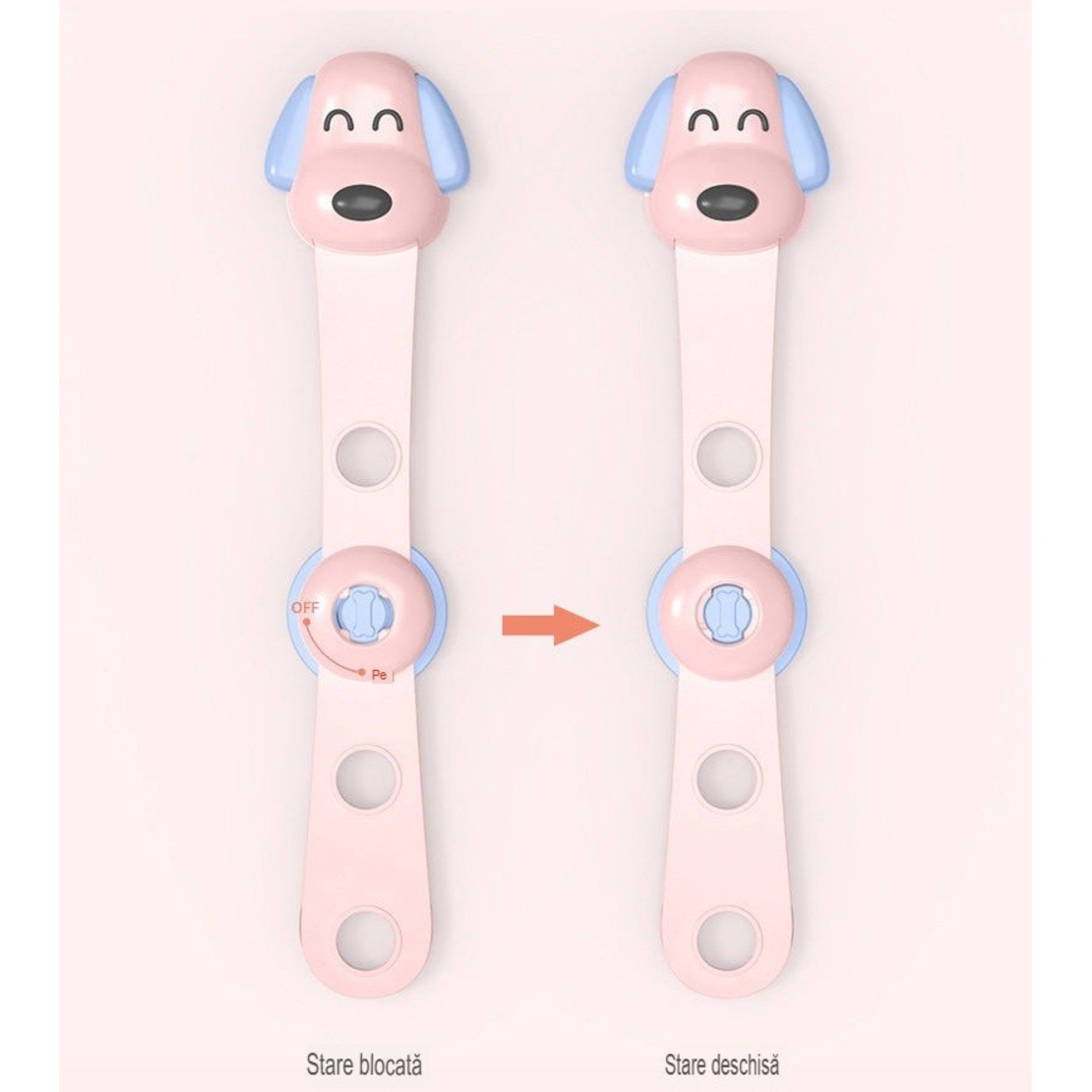 Siguranta pentru Usi Copii, Flippy, Sistem de Blocare Sertare, Dulap, Frigider, Adeziv, cu Sistem de Inchidere Dublu, Model Catelus, Roz