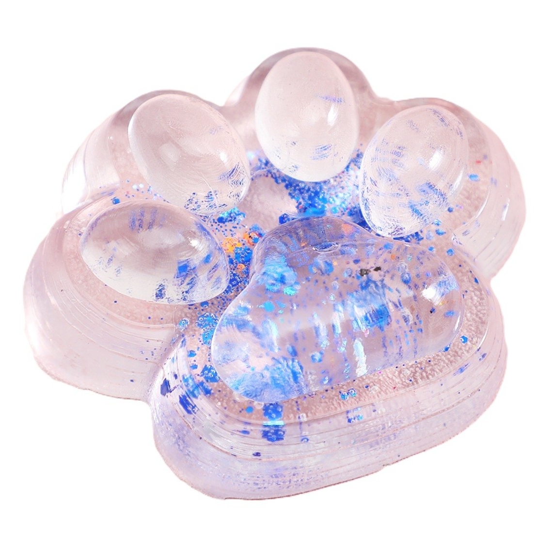 Jucarie Antistres Squishy, Flippy, cu Revenire Lenta, Squeeze Pinch Family, Model Cat Paw, 6.5 x 7 cm, din Tpr, 4-6 Ani, Model 4 Sclipici, Transparent