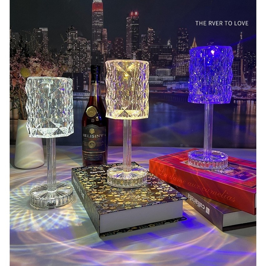 Lampa de birou pe LED RGB 16, Flippy, dimmer tactil, 3 nivele de intensitate, incarcare USB, 3W, Cristal Acrilic, 13x28 cm, cu telecomanda, forma veioza, transparent