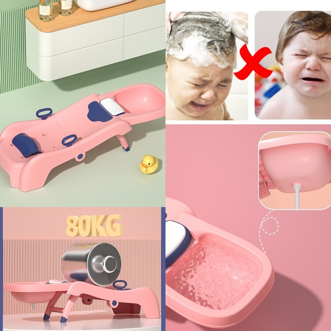 Suport Pliabil pentru Spalat Parul Flippy, Pentru Copii, cu Scurgere, cu Picioare Antialunecare, Material Polipropilena, Suport Cap Reglabil, cu Manere, 110 x 35 x 21 cm, Roz