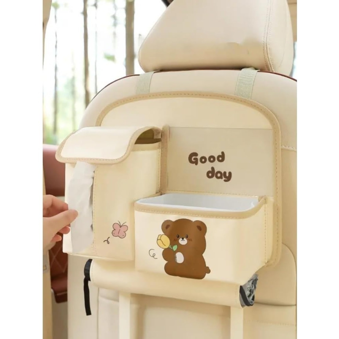 Geanta Multifunctionala de Depozitare, Flippy, pentru Bancheta din Spate a Masinii, Animat, Model Ursuleti, Scris Good Day, Suport Servetele si Telefon, 25x31 cm, Bej