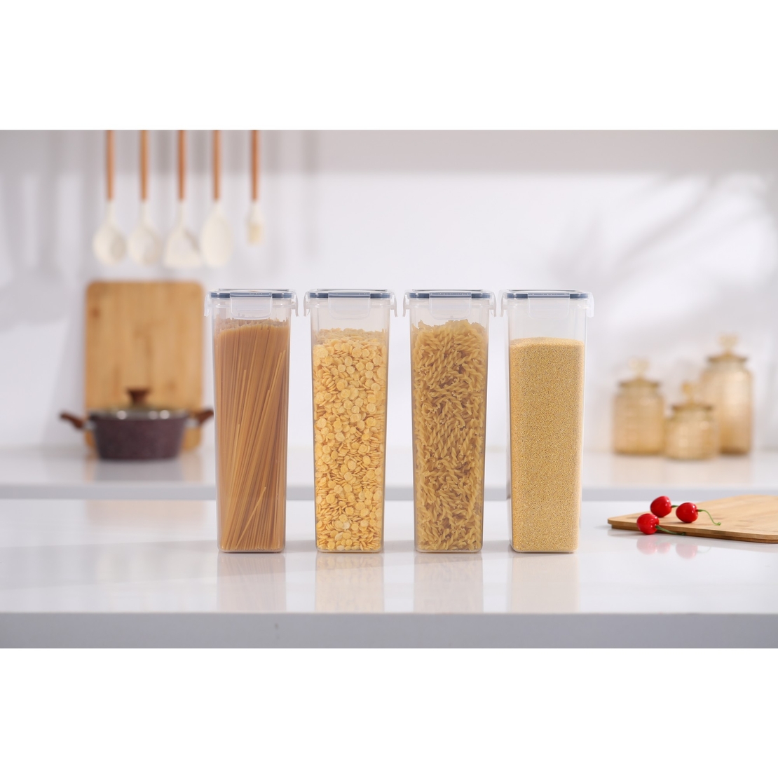Set 4 Recipiente din Plastic, Flippy, pentru Alimente/Obiecte, Inchidere Ermetica, 4 x 2.8l, Transparent