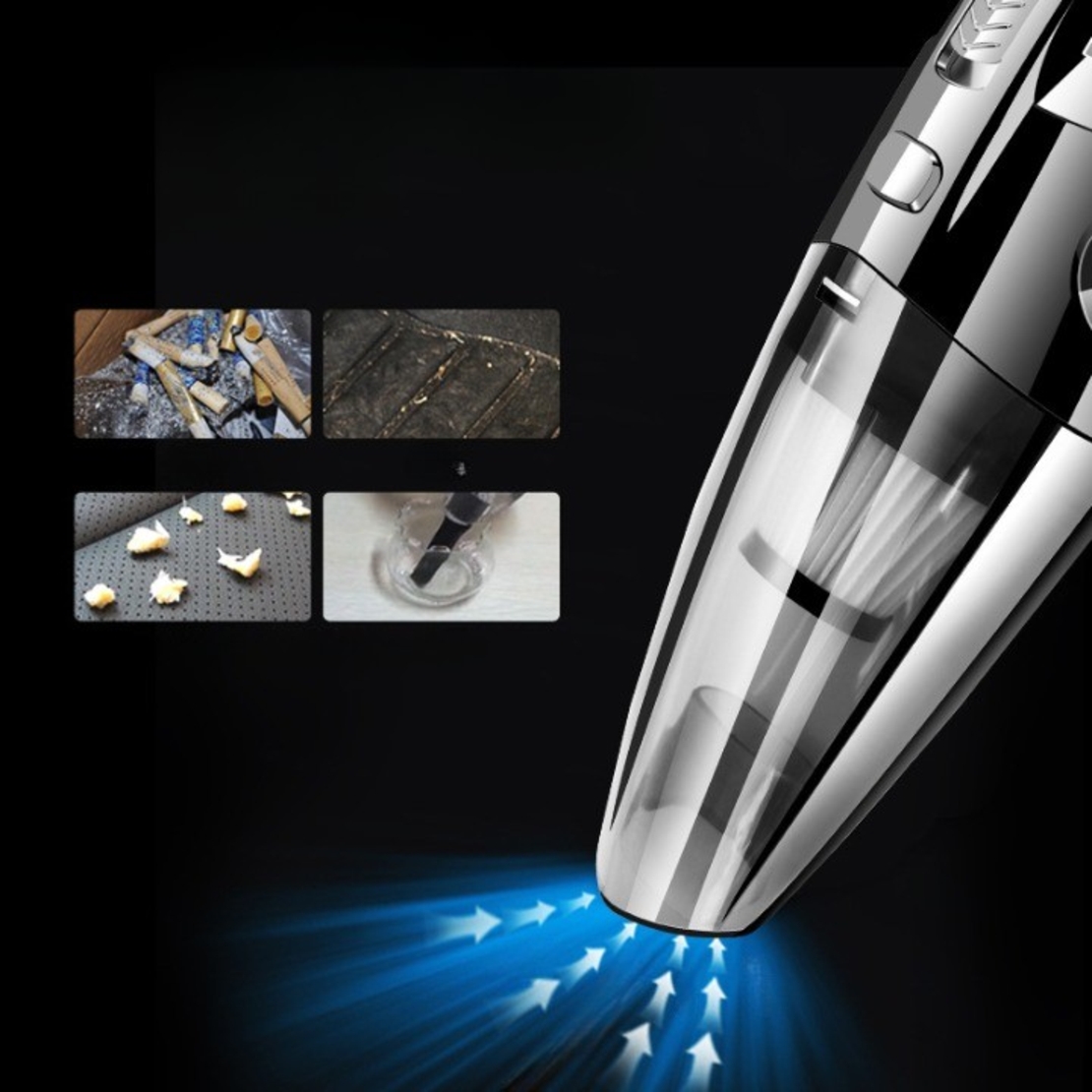 Aspirator de Mana Portabil Turbo, Flippy, pentru Uz Caznic sau Auto, Functie de Aspirare Umeda si Uscata, Incarcare USB, 32.000 rot/min, Putere 120W, Aspirare cu Vid de 4 Bar, 5 Accesorii pentru Spatii Inguste, Negru