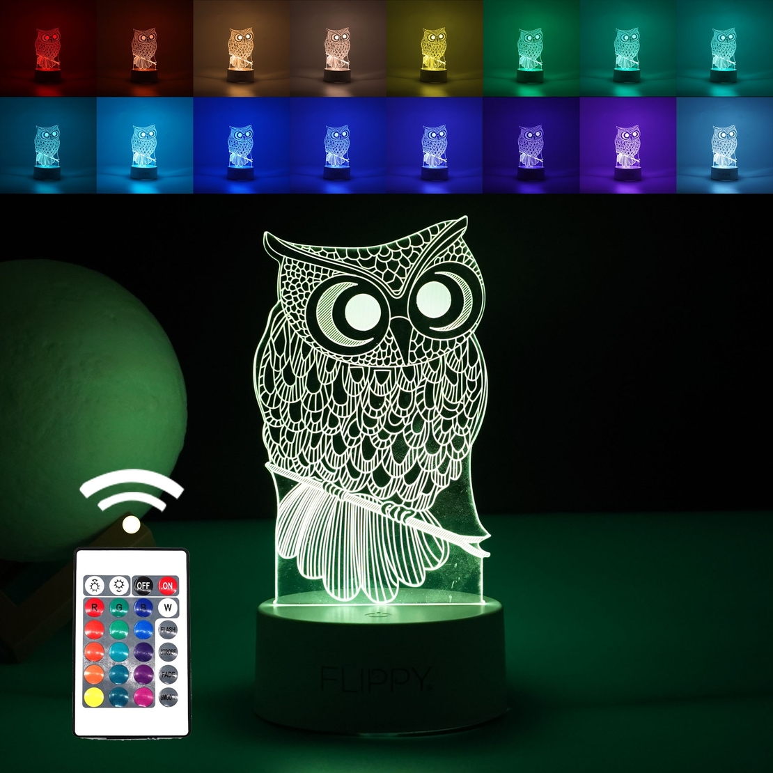 Lampa LED decorativa, Flippy, 3D, Bufnita, cu USB si baterii, 20 cm inaltime, din material acril, lumina multicolora si telecomanda inclusa, alb