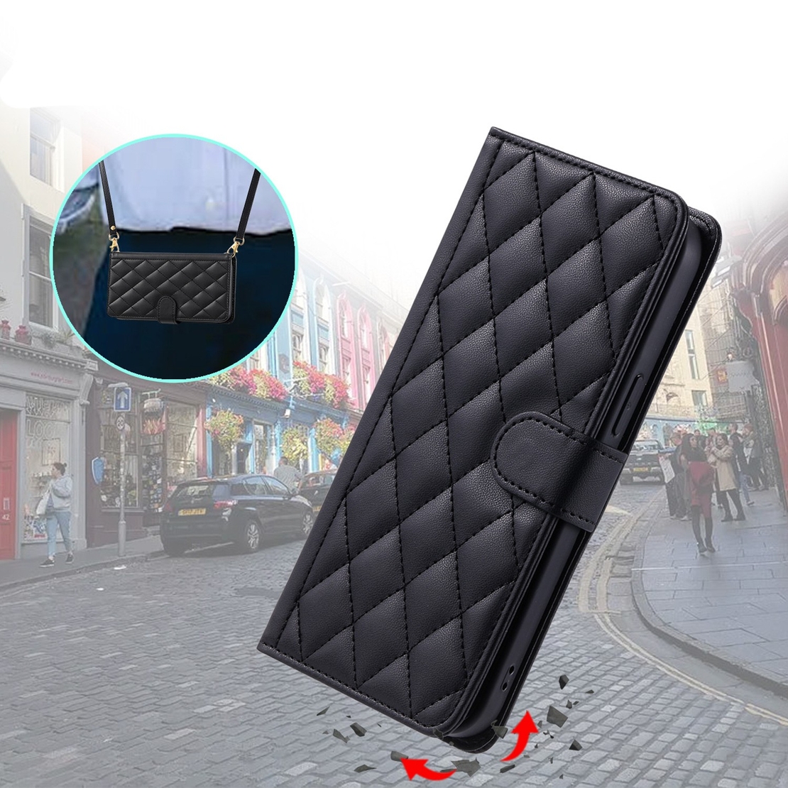 Husa de Protectie Tip Carte, Flippy, pentru Apple iPhone 15 Plus, Model cu Suport si Capsa, Antisoc, Rezistenta la Impact, Protectie Camera, Neagra