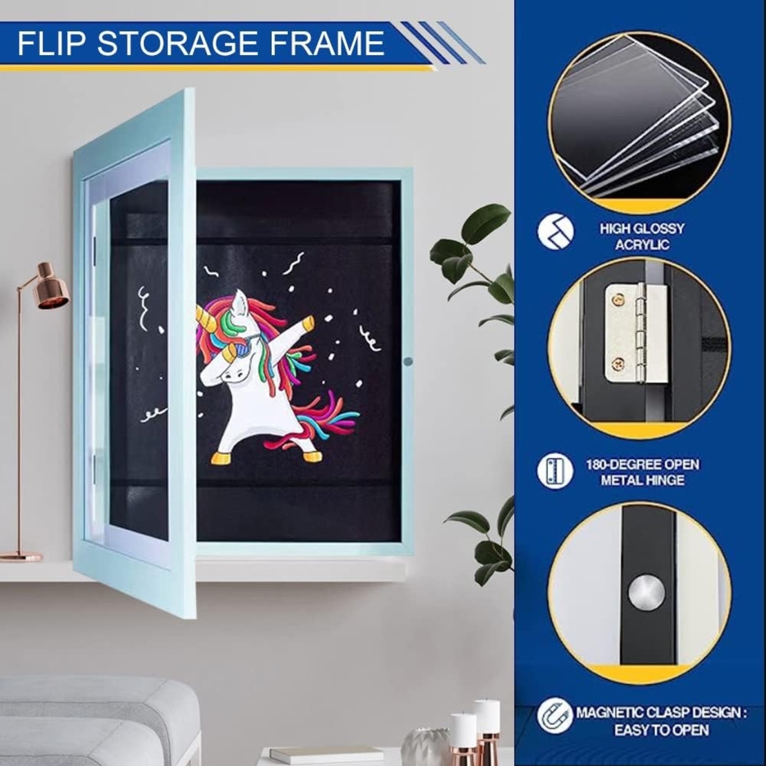 Rama Foto Flippy, cu Magnet, din Lemn, cu Spatiu Pentru Depozitare, Pentru Desene si Picturi A4, Sticla Securizata, Rama MDF, 21x30 cm, Albastru