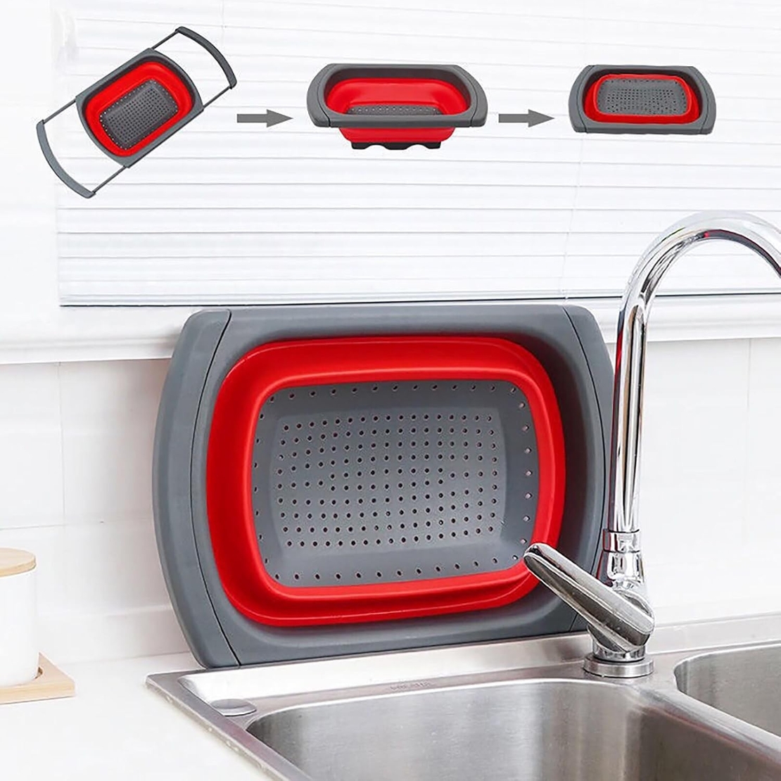 Cos de Scurgere Retractabil pentru Chiuveta, Flippy, cu Filtru, pentru Fructe si Legume, de Uz Casnic, 39x12 cm, Design Extensibil pana la 61 cm, cu Manere de Prindere, Rosu