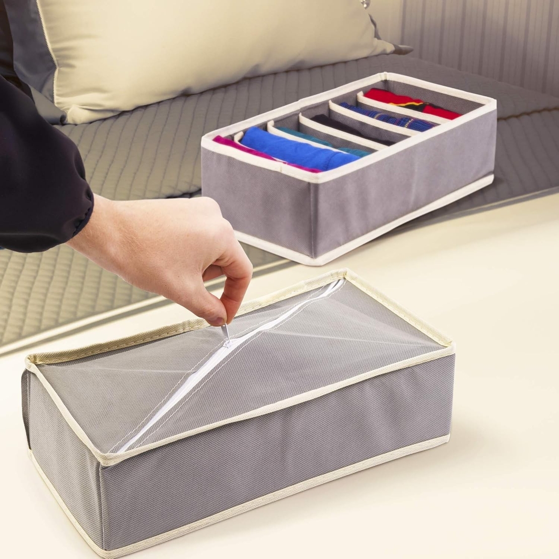 Cutie De Depozitare, Flippy, Pentru Lenjerie, Sosete Si Sutiene, Material Textil, 6 Compartimente, 32 x 16 x 10 cm, Culoare Gri