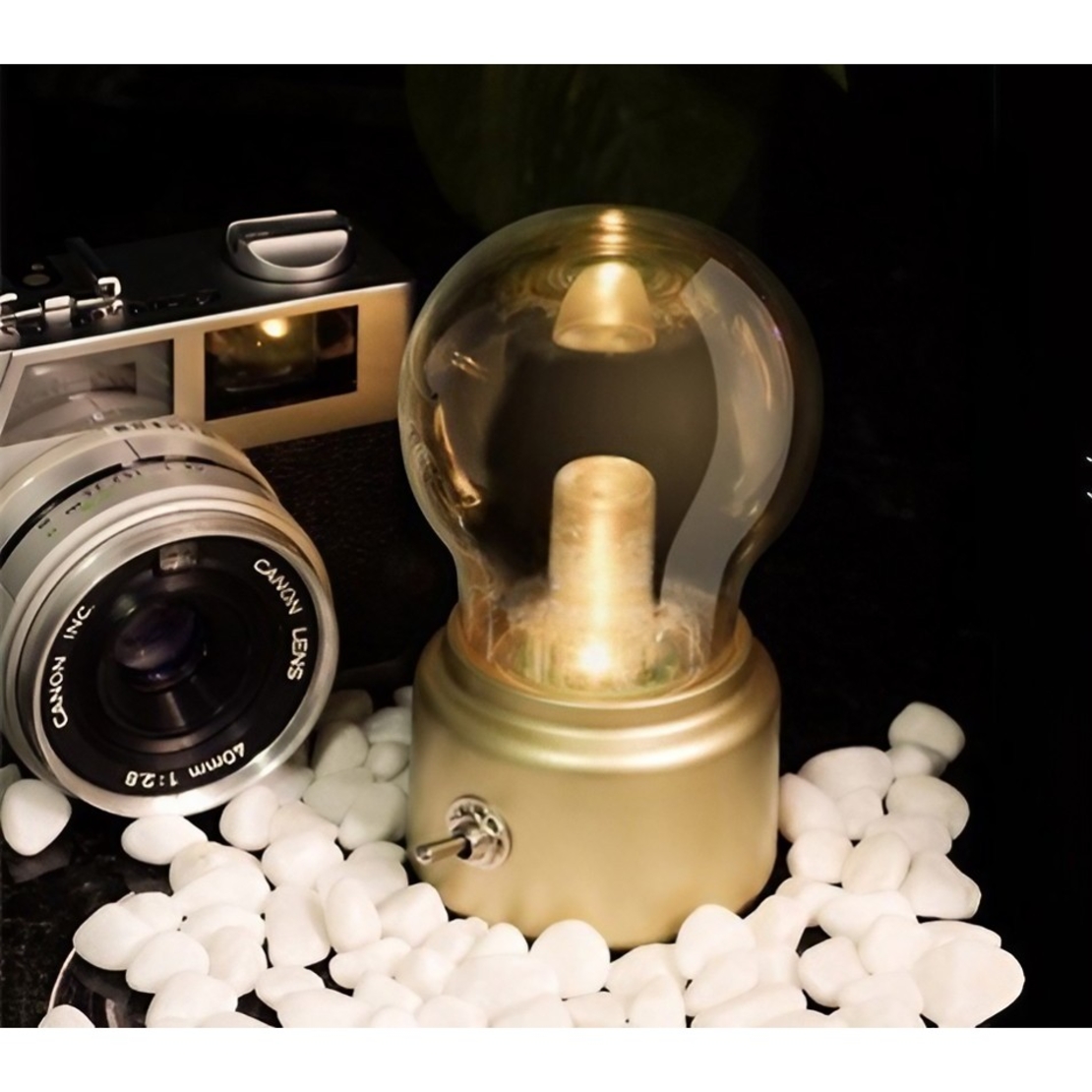 Lampa LED Decorativa sub forma de Bulb, Retro pentru interior, Bej/ Transparent, 5 V, 500 mA, ABS, Lumina Calda, Incarcare USB, Autonimie 12 Ore, Comutator Metalic, Flippy, 11x7x6 cm