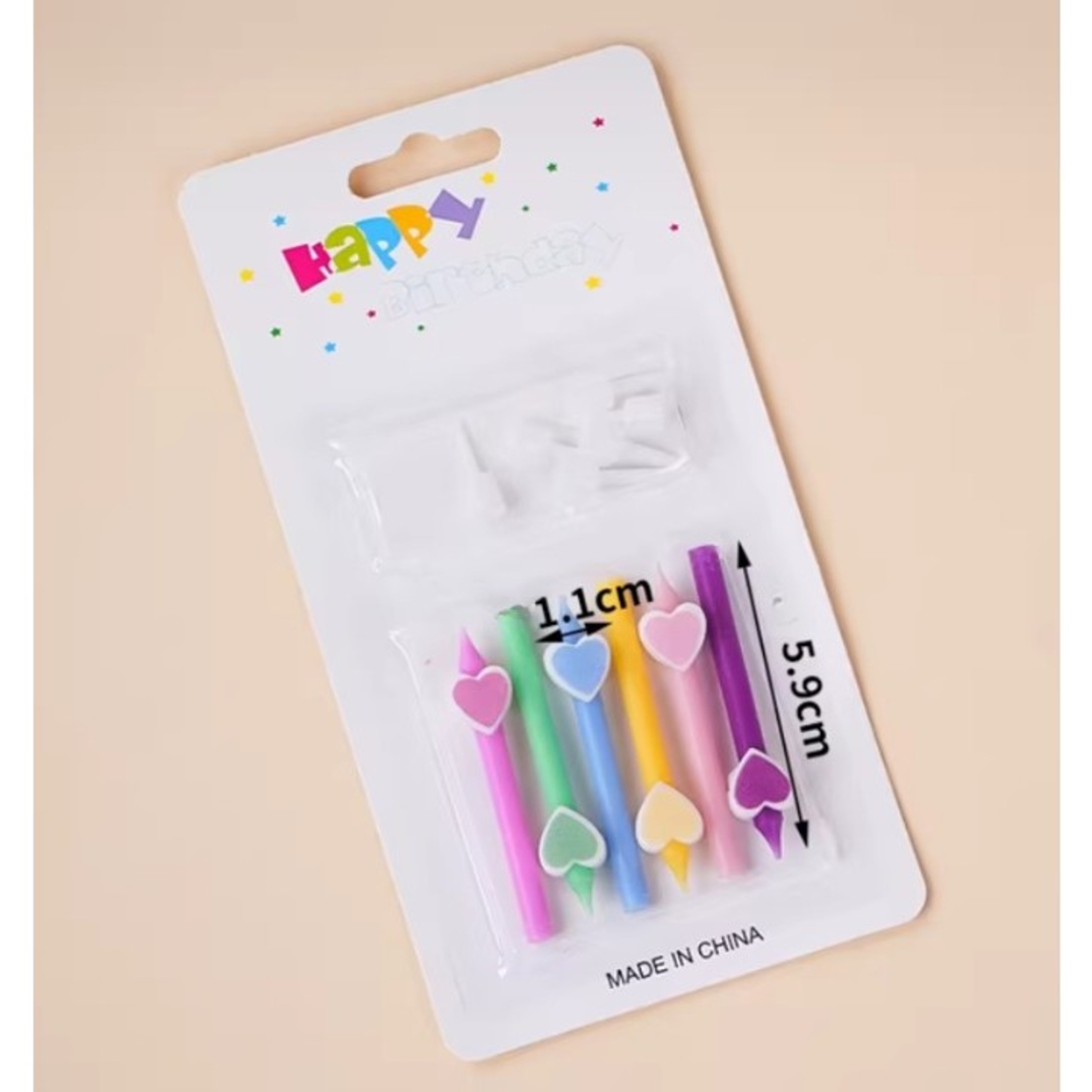 Set 6 Lumanari de Tort, Flippy, Model Creion cu Inimioare, 5.9 x 1.1 cm, din Ceara, Multicolor