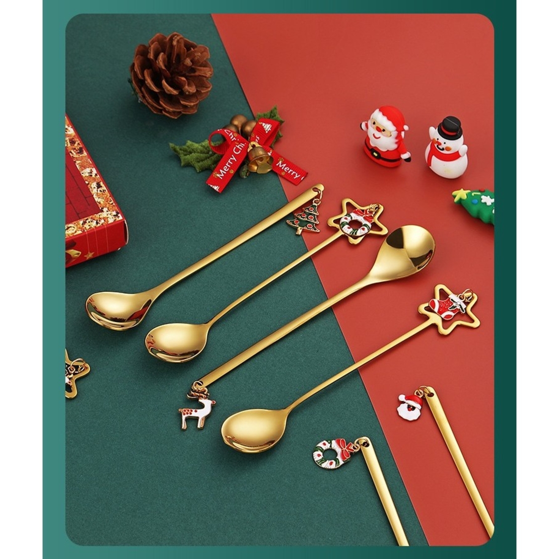 Set 4 Lingurite, Flippy, Tema Craciun, Model Carry The Merry, 4 Modele Tip Pandantiv, din Otel Inoxidabil, 19 x 16 x 2 cm, Multicolor