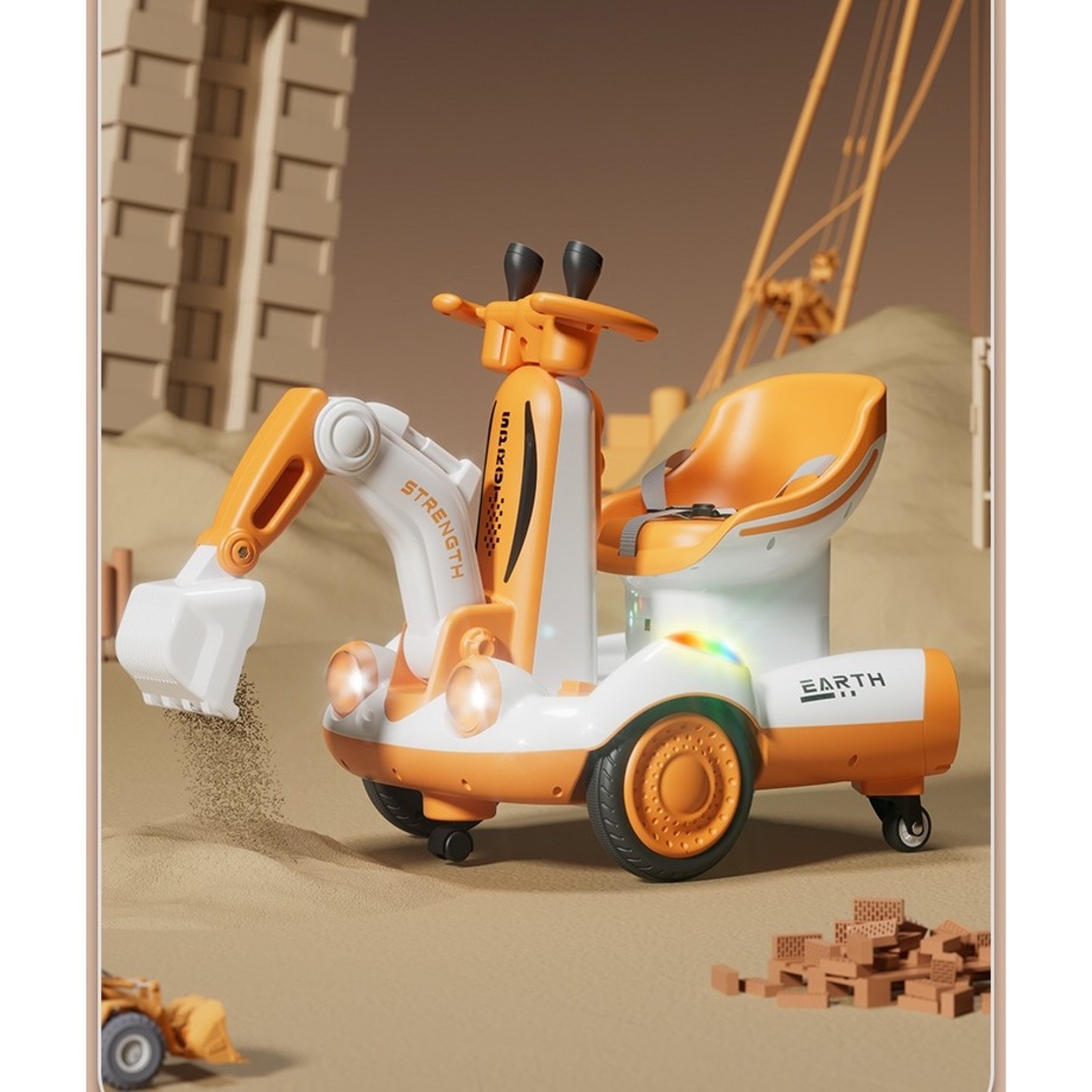 Excavator Electric, Flippy, pe 4 Roti Antiderapante, cu Telecomanda, Brat Controlat Electric, cu Telecomanda, +2 Ani, Galben