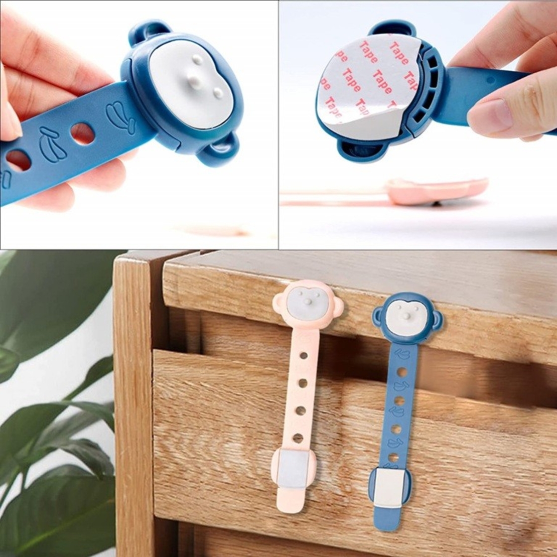 Siguranta pentru Usi Copii, Flippy, Sistem de Blocare Sertare, Dulap, Frigider, Adeziv, cu Sistem de Inchidere Dublu, Model Maimutica, Albastru