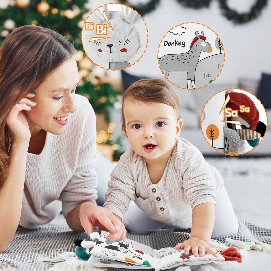 Carte Senzoriala, Flippy, pentru Bebelusi, 15x16x6 cm, cu Animalute, 3D, Cu Sunete si Fosnete, 0-3 Ani, Model Iepuras, Gri