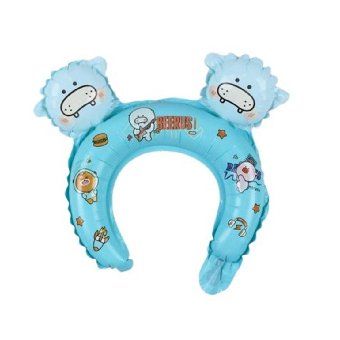 Balon din Folie Metalizata, Flippy, Tip Coronita cu Urechi, Model Ursuleti, Ambalaj Individual, Pai Inclus, Umflare cu Aer sau Heliu, 28 x 31 cm, Albastru