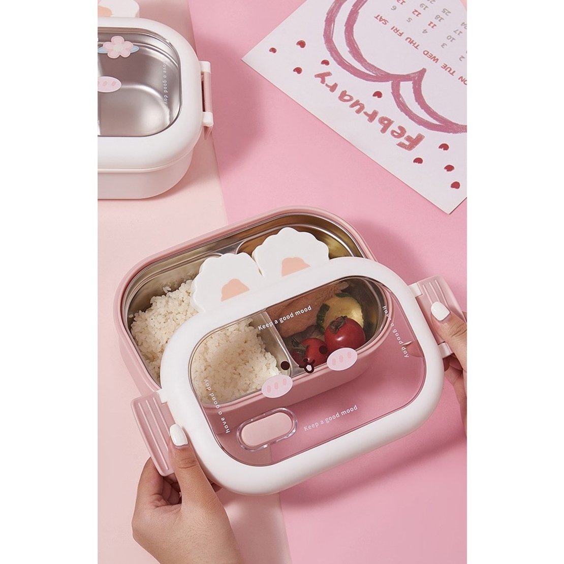 Cutie pentru Pranz sau Gustari, Flippy, cu Doua Compartimente, Model Iepuras, pentru Copii si Adulti, Etansare, PP, Perfect pentru Scoala si Birou, 1000 mL, 22x17.8x8 cm, Roz