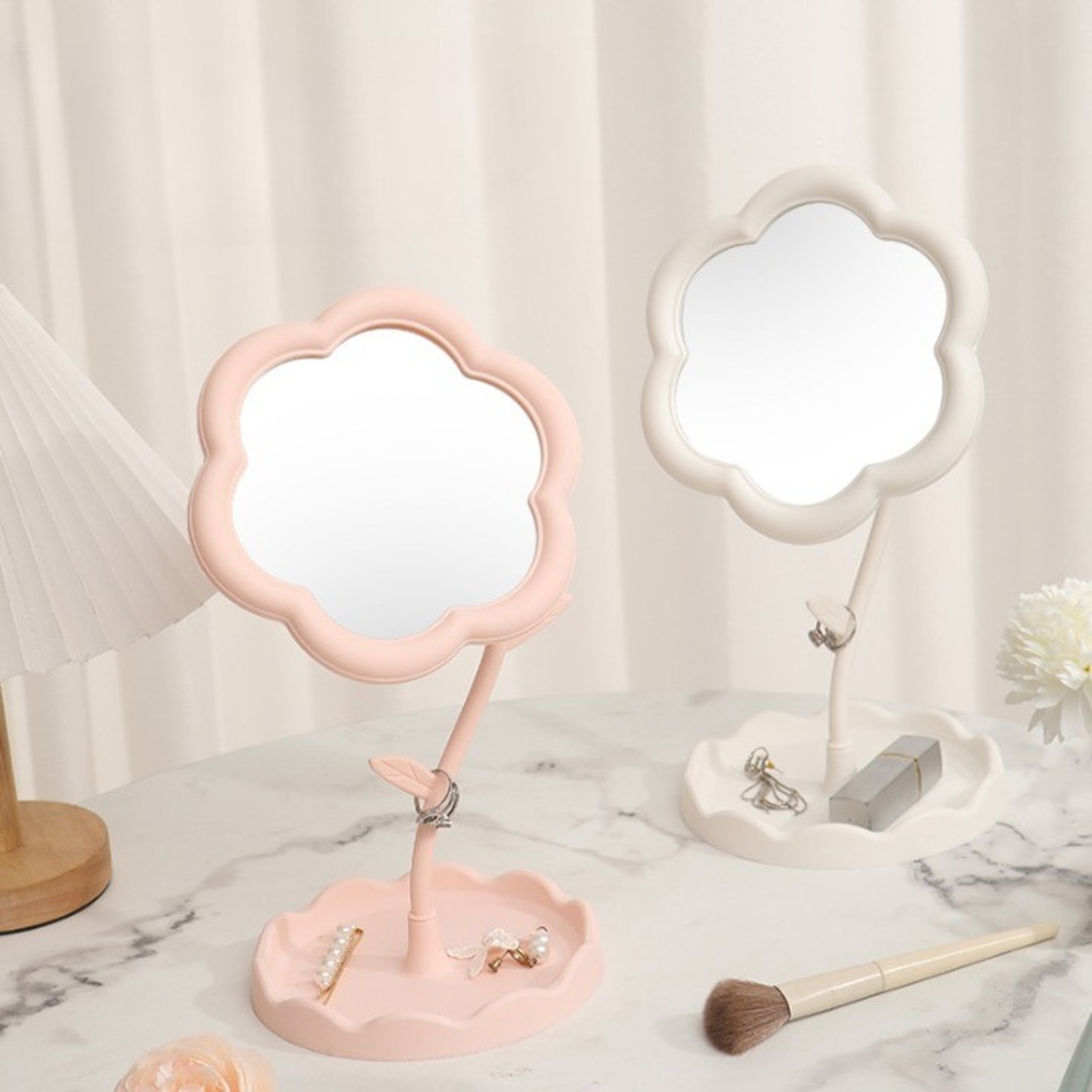 Oglindă de Machiaj pentru Birou, Flippy, Rotativă, Detasabilă, Model de Floarea Soarelui, Suport pentru Inele, cu Depozitare, Roz