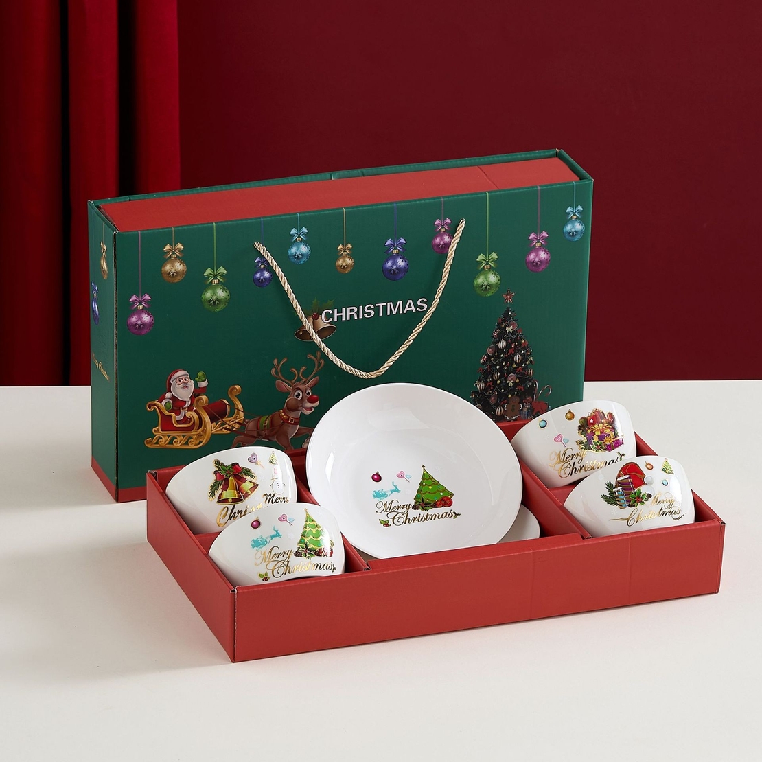 Set Vesela Festiva, Flippy, Tema Craciun, 4 x Boluri 300 ml, 2 x Farfurii 18 x 3.4 cm, din Ceramica, Model 1, Multicolor