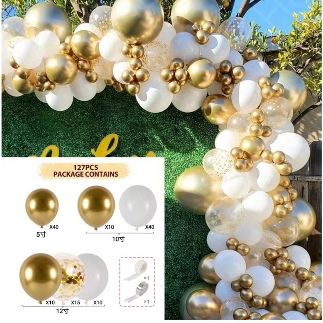 Baloane pentru Arcada decorativa, Flippy, Set 127 baloane din Latex, Model Petrecere pentru Arcada, Baloane Party, 12 cm, 25 cm, 30 cm, Alb Gold