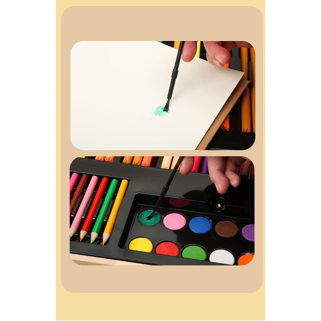 Set 180 Piese pentru Desen si Pictura, Flippy, Tip Servieta din Lemn, Model Natur, 46 x 30.9 x 4.1 cm, Multicolor