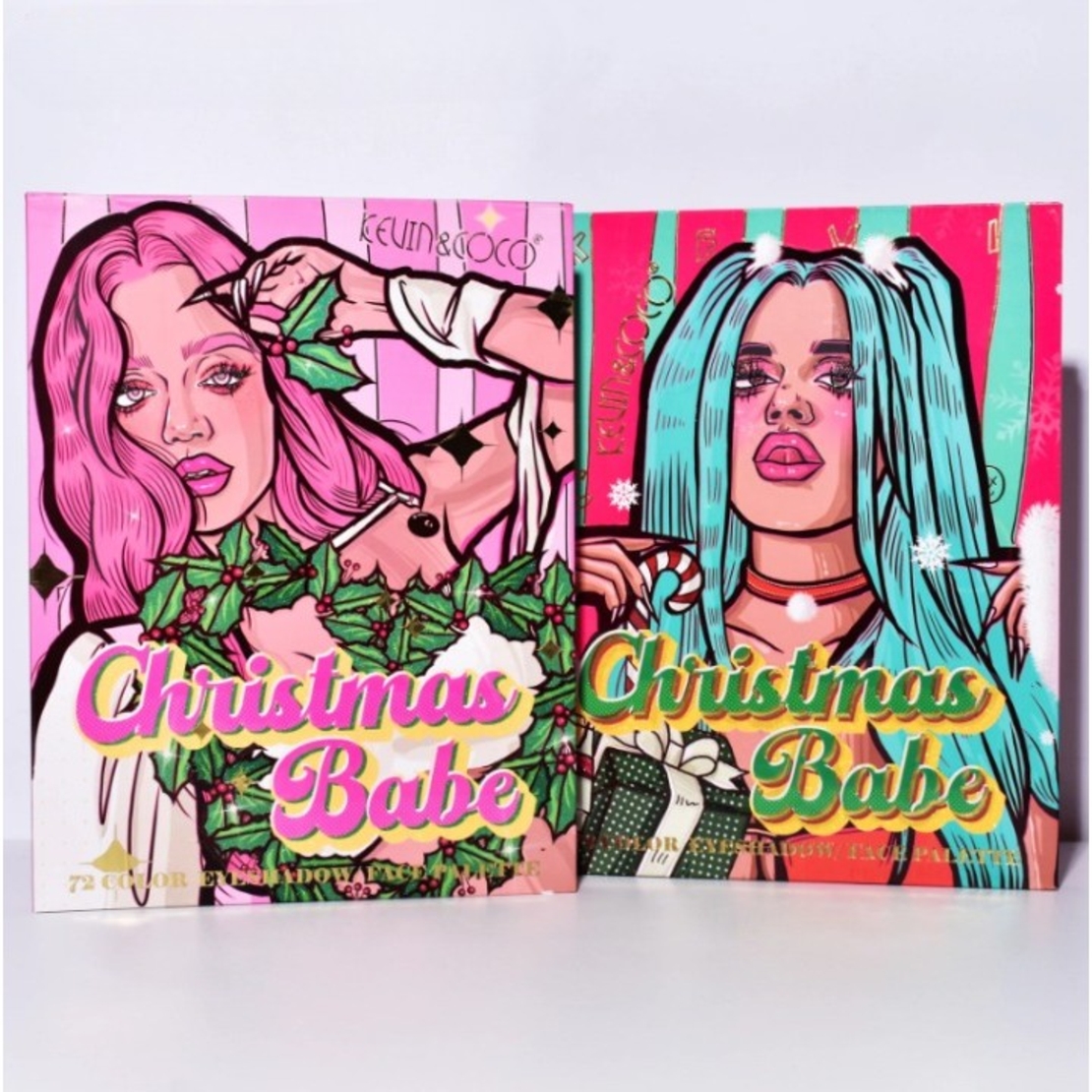 Set de Machiaj Kevin&Coco, 72 de Culori, Paleta de Farduri, Iluminatoare, Blush, Model Christmas Babe, Oglinda Rotunda, 25.5x20x1.7 cm, Multicolor