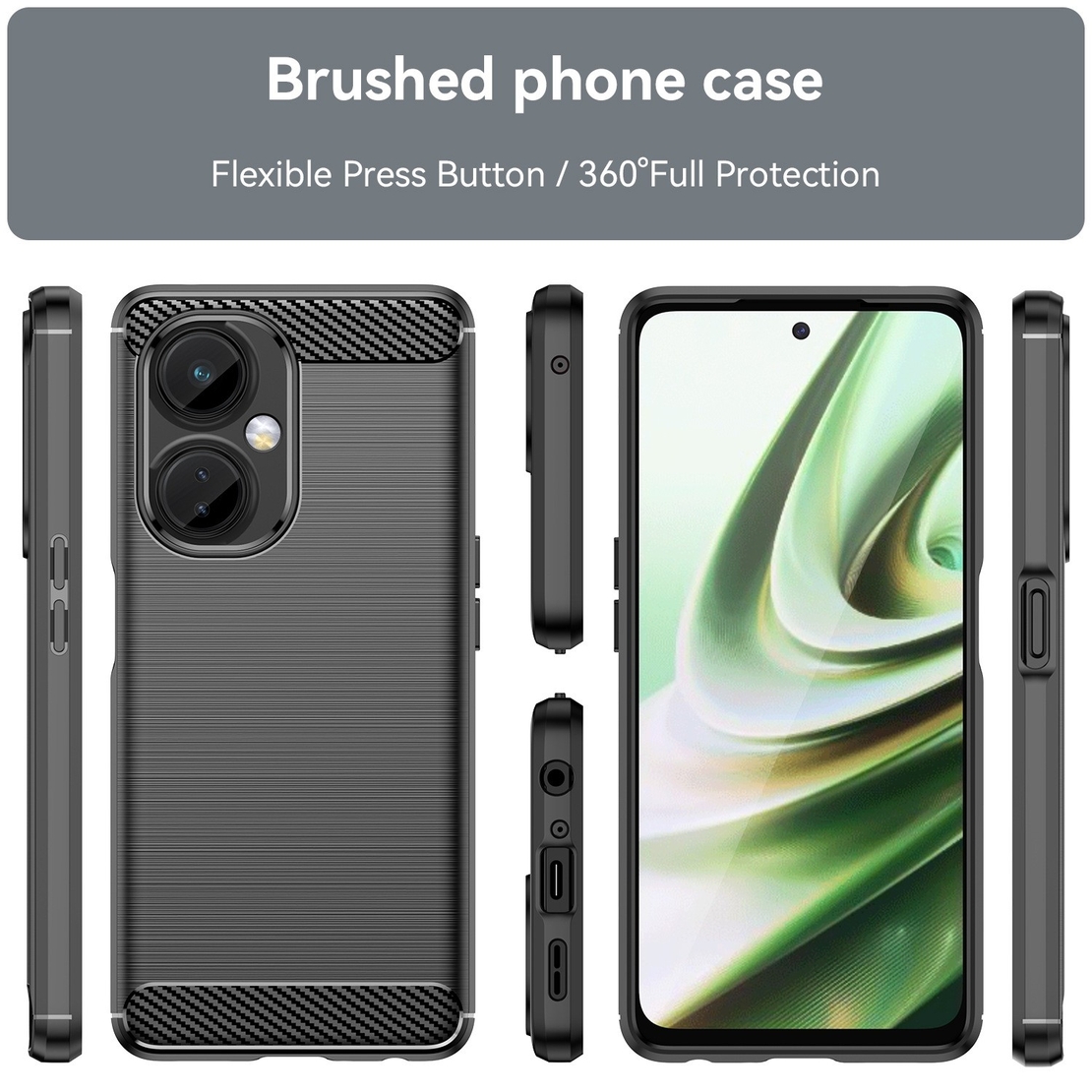 Husa Protectie pentru OnePlus Nord CE3 Lite, Flippy, din Silicon TPU Moale, Textura Periat, Anti Cadere, cu Element Carbon, Negru