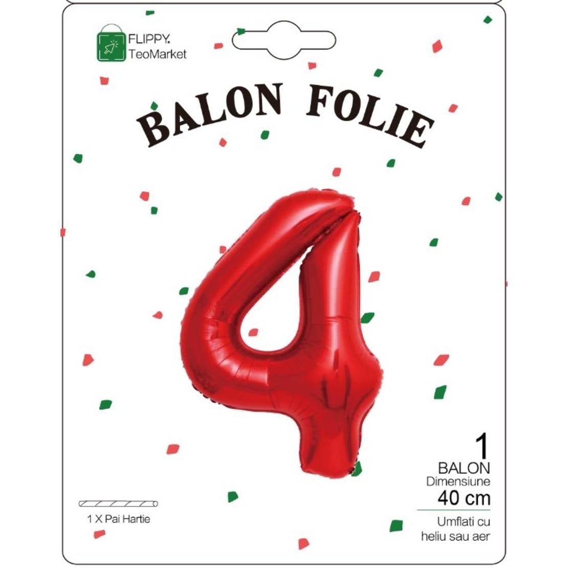 Balon din Folie Metalizata Flippy, Figurina Cifra, Tema Aniversare 40 cm, Ambalaj Individual, Pai inclus, Umflare cu Aer sau Heliu, Rosu, Cifra 4