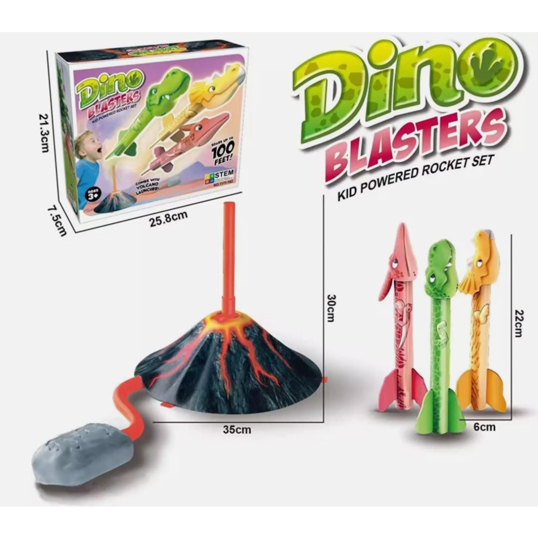 Jucarie pentru Copii, Flippy, Lansator de Rachete cu Piciorul, un Singur Lansator, 3 Rachete Donozauri cu Lumini, 30 cm Inaltime, Model Vulcan, Multicolor