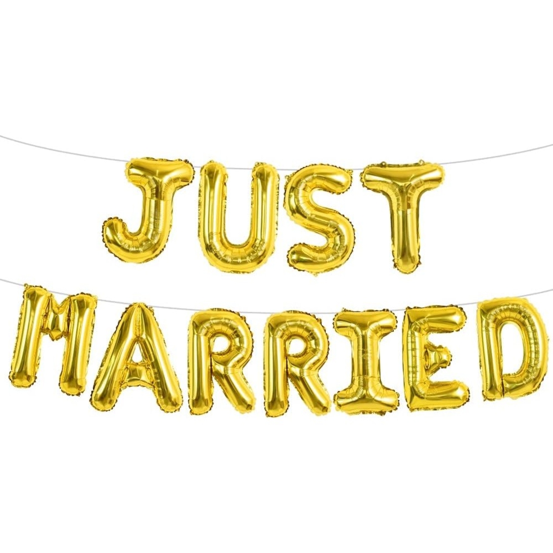 Set Baloane din Folie Metalizata, Flippy, Model Just Married, Litere de 40 cm, Baloane Party, Ambalaj Individual, Pai, Ata si Adeziv Incluse, Umflare cu Aer sau Heliu, Auriu