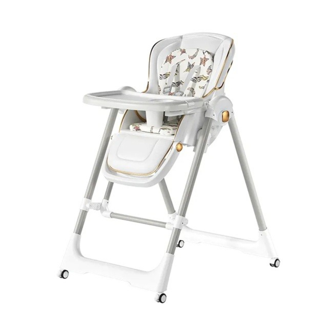 Scaun de Masa 2in1, Flippy, pentru Copii 6 luni - 4 Ani, Pliabil, cu Roti, Balansoar, Leagan, Reglabil, Tava de Masa Dubla, Centura in 5 Puncte, 96 x 56 x 76 cm, Alb