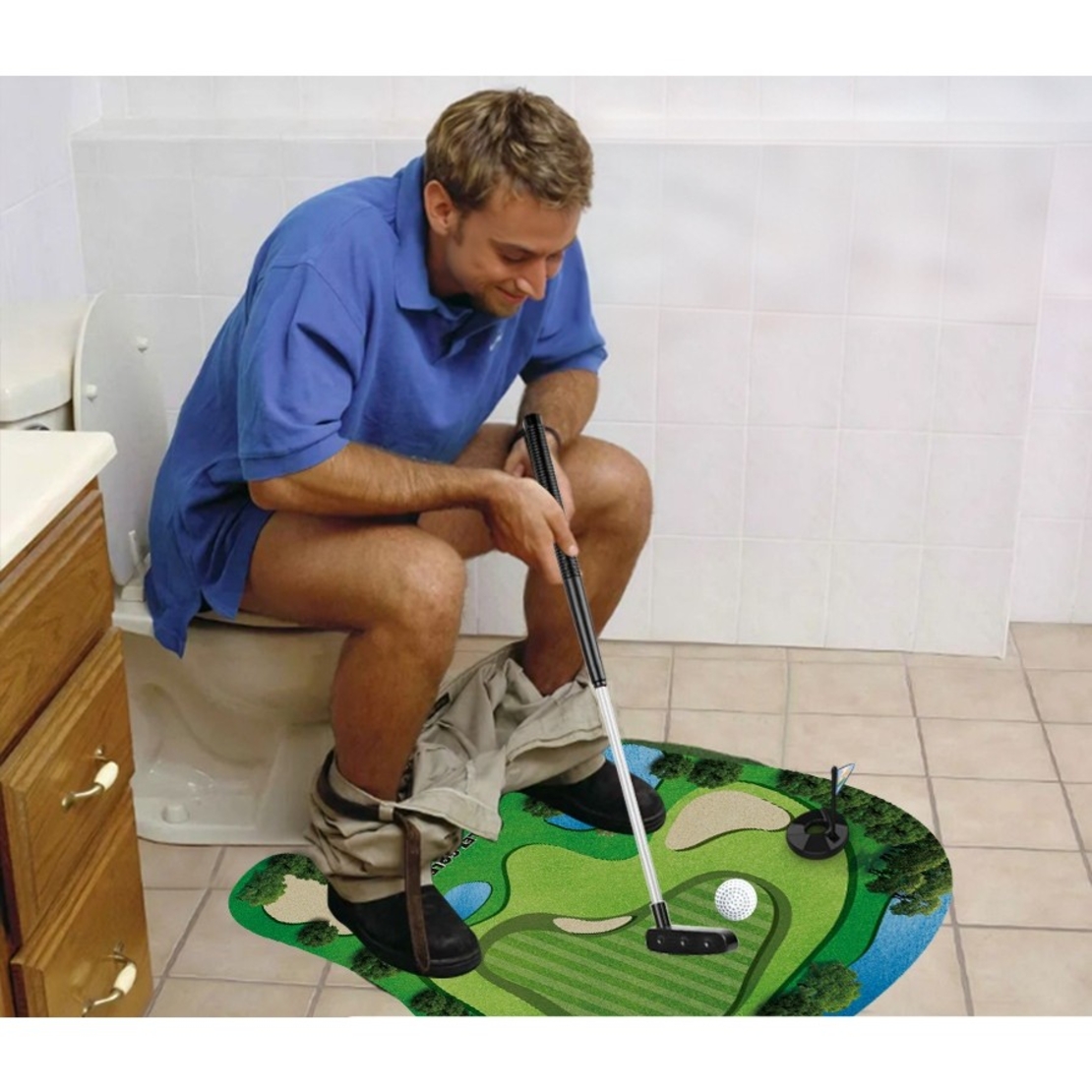 Covoras de Baie, Flippy, Model Teren de Golf, Interactiv, +14 Ani, din PVC, 80 x 69 cm, Verde