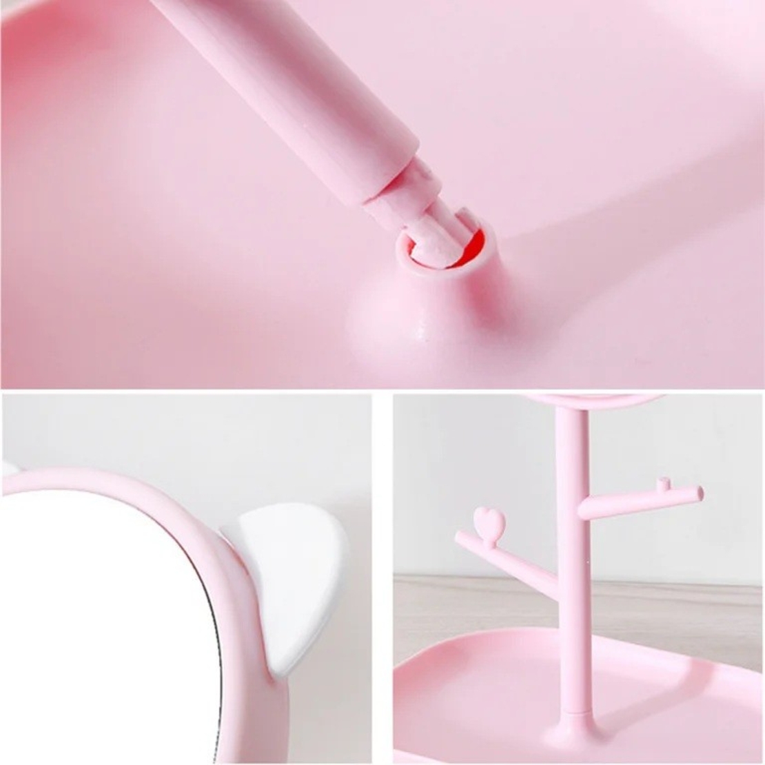 Oglina Cosmetica cu Picior, Flippy, HD, Rotire 360 Grade, 15 cm Diametru, Suport Bijuterii Baza + Brate, Model cu Urechi, 30 x 16.5 x 15 cm, Roz