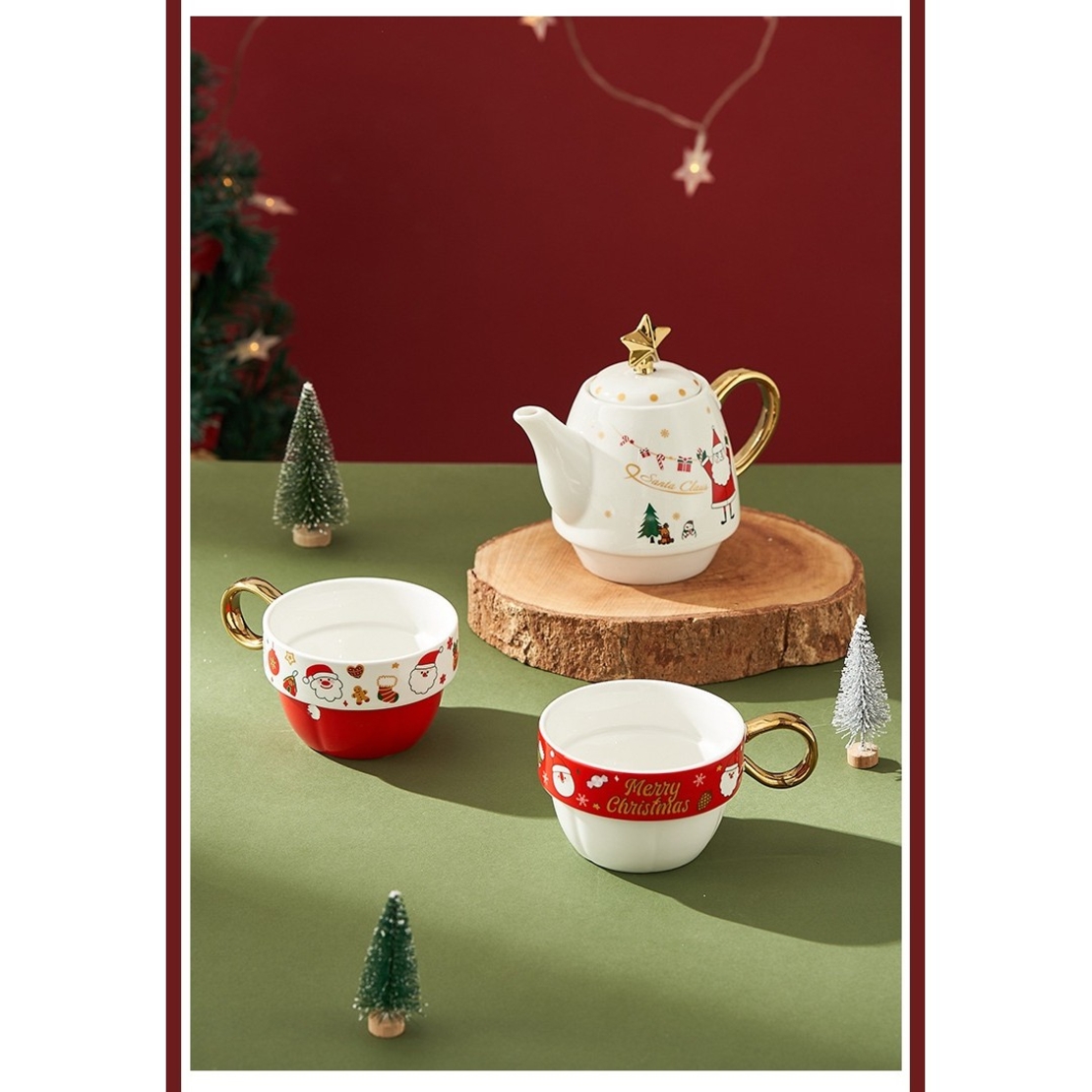 Set de Ceai, Flippy, Tema Craciun, Ceainic 450 ml, 2 x Cani 250 ml, din Ceramica, Model Ren Merry Christmas, Alb/Verde