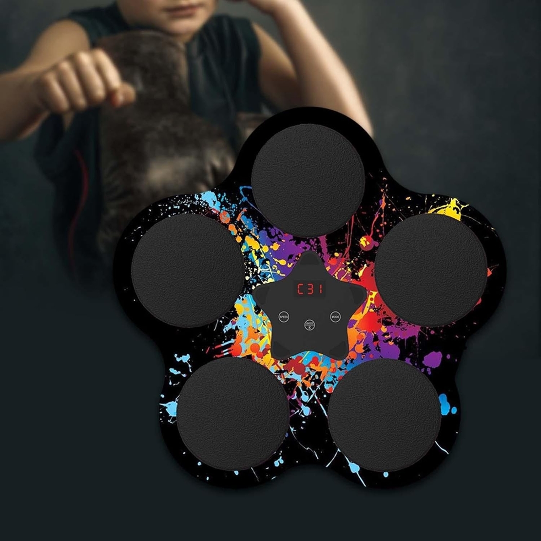 Jucarie de Boxat cu Muzica si Lumini, Flippy, Bluetooth, Incarcare USB, Aplicare cu Ventuze, 5 Tinte, 40x38x8 cm, 930 g, Negru