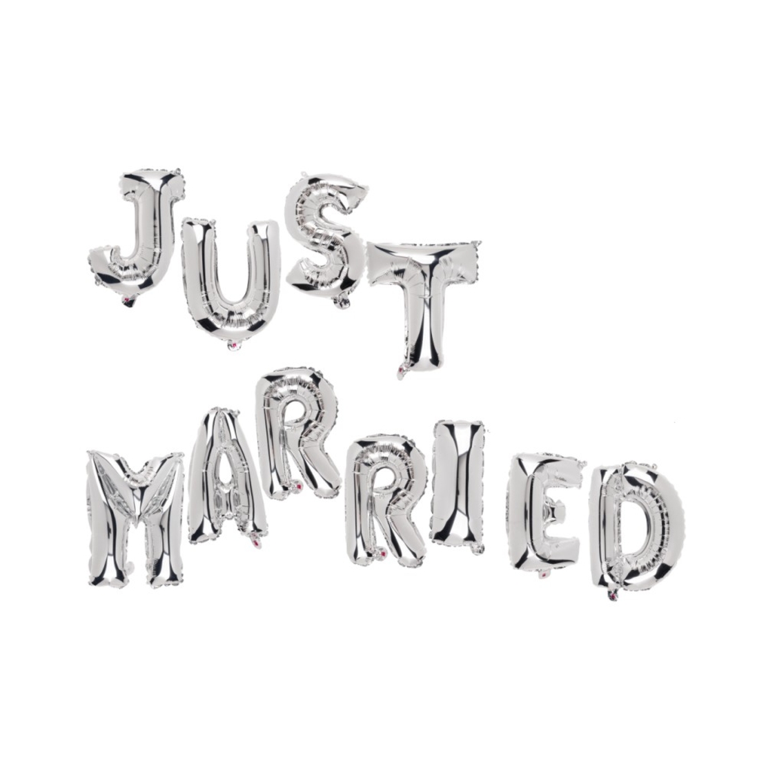 Set Baloane din Folie Metalizata, Flippy, Figurine Litere, Model Just Married, Tema Nunta, 40 cm, Baloane Party, Ambalaj Individual, Pai inclus, Umflare cu Aer sau Heliu, Argintiu