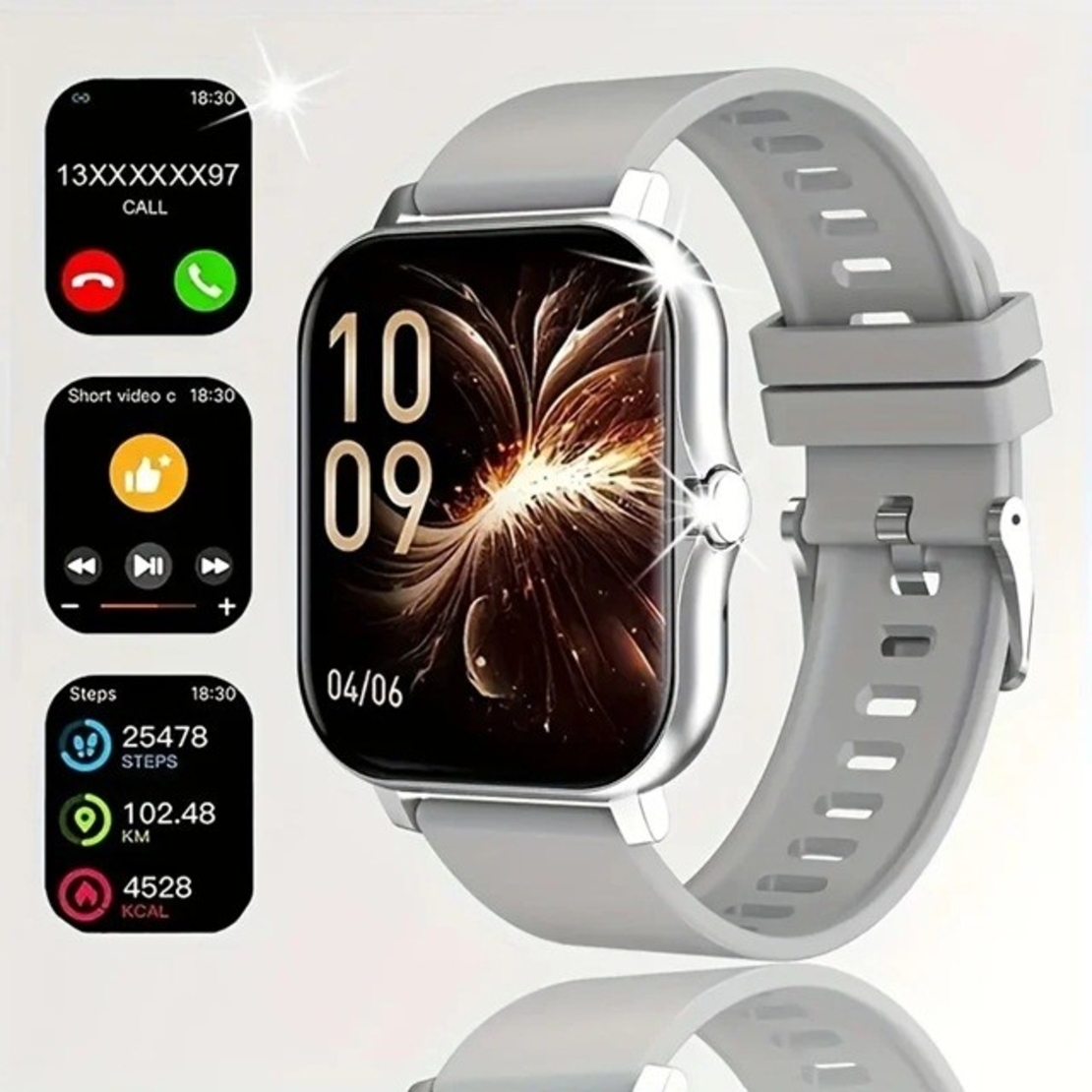 Ceas Smartwatch, Flippy, Editia H15, Apeluri Bluetooth, Afisaj 1.81 inch, Rezolutie 240 x 284, Puls, Siri, Baterie 180 mAh, Argintiu