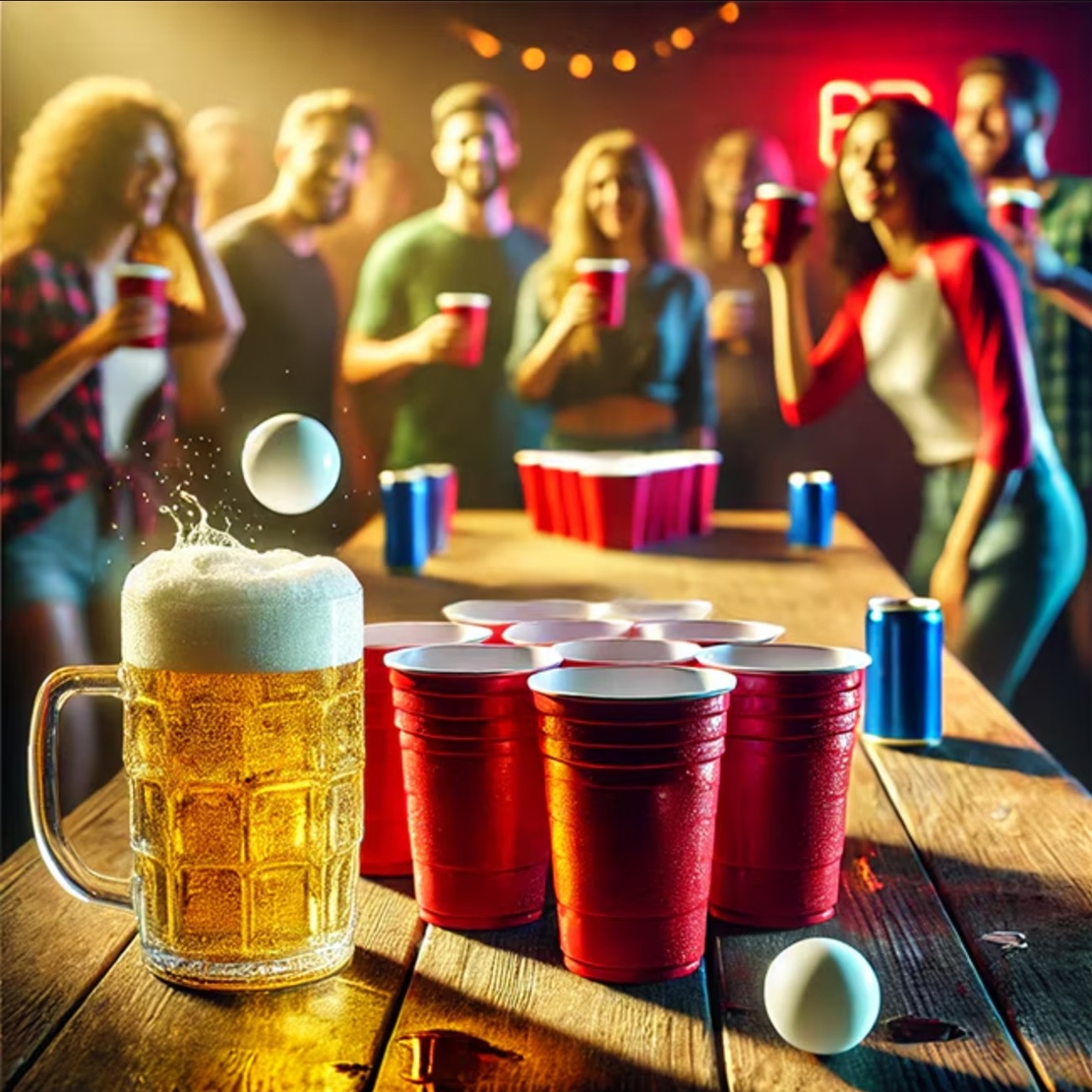 Joc de Baut BEER PONG, Flippy, Set din 24 Mingi de Tenis si 24 Pahare Reutilizabile, Joc Interactiv pentu Adulti, Albastru Portocaliu